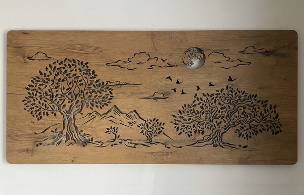 "Čtyři duby a měsíc" světelný obraz s baterií a pohybovým čidlem 130x60 cm provedení povrchu: bříza