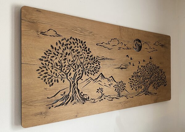 "Čtyři duby a měsíc" světelný obraz s baterií a pohybovým čidlem 130x60 cm provedení povrchu: bříza