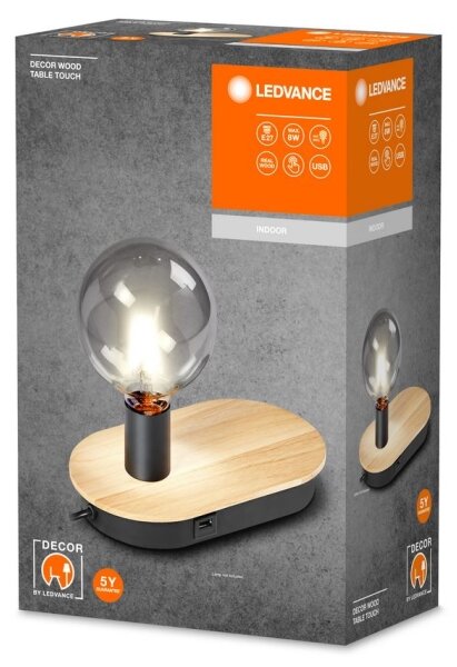 Ledvance - Dotyková stolní lampa s USB konektorem DECOR WOOD 1xE27/8W/230V
