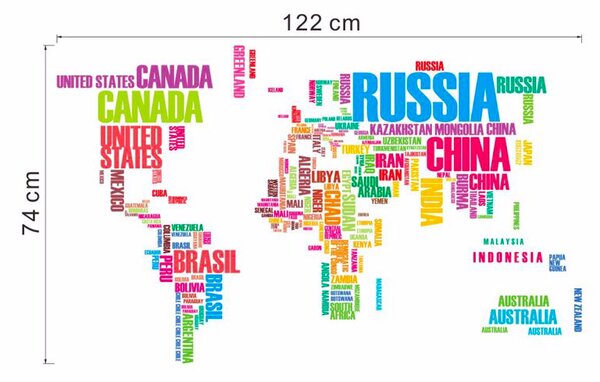 Samolepka na zeď "Mapa světa 2 - barevná" 74x122cm