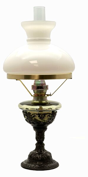 Sklárna Častolovice - Lampa petrolejová Růžena - lesní zelená zdobená cínem - komplet 1