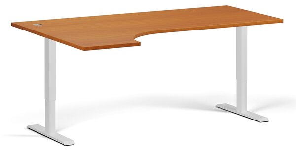Rohový výškově nastavitelný stůl, 180x120 cm, 2 motory, L/P, bílá podnož, třešeň