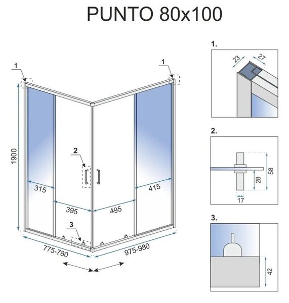 Rea Punto, sprchový kout s posuvnými dveřmi 80x100 + bílá sprchová vanička Savoy, KPL-K1009