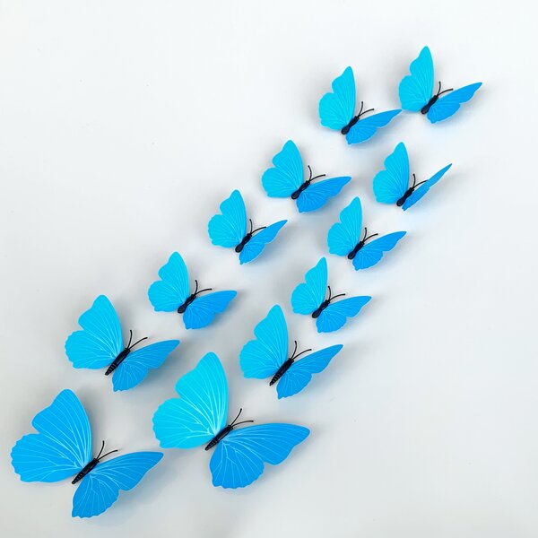 Samolepka na zeď "Plastové 3D Motýli - Modré" 12ks 6-12 cm