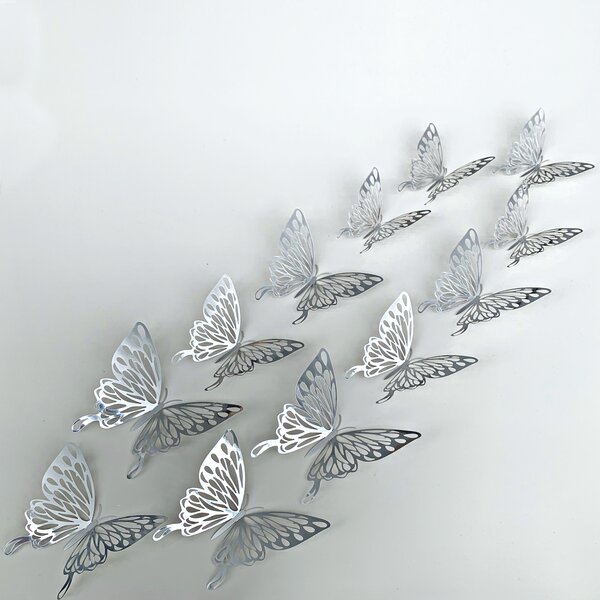 Samolepka na zeď "Metalické Motýli - Stříbrné 3" 12 ks 8x12 cm