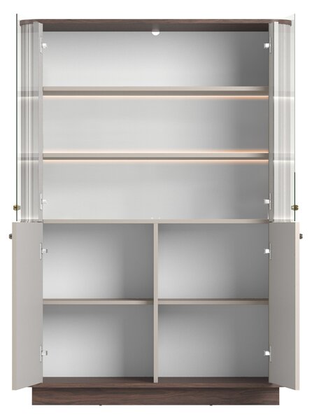 Vitrína Vesper 103 cm čtyřdveřová na soklu - kašmír / ořech / zlaté úchyty