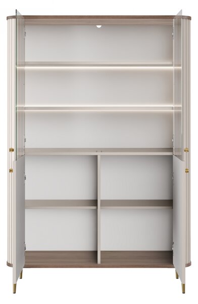 Vitrína Vesper 103 cm čtyřdveřová - kašmír / ořech / zlaté nohy