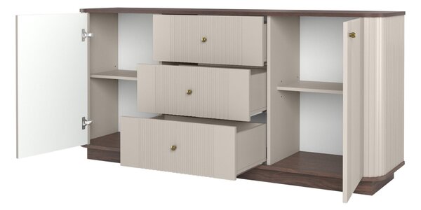 Komoda Vesper 160 cm se zásuvkami na soklu - kašmír / ořech / zlaté úchytky