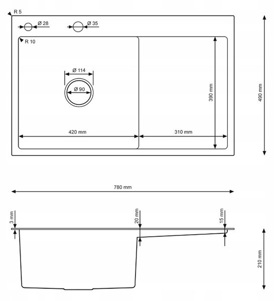 Erga HD, 1-komorový ocelový dřez 780x490x210 mm, levý, grafitová, ERG-MLS-HD7849LB