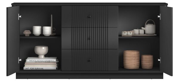 Komoda Vesper 160 cm se zásuvkami na soklu - černá / černé úchyty