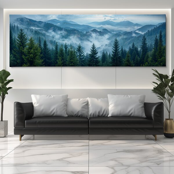 Obraz na plátně - Mlhavé hory za lesem FeelHappy.cz Velikost obrazu (šířka x výška): 60 x 20 cm