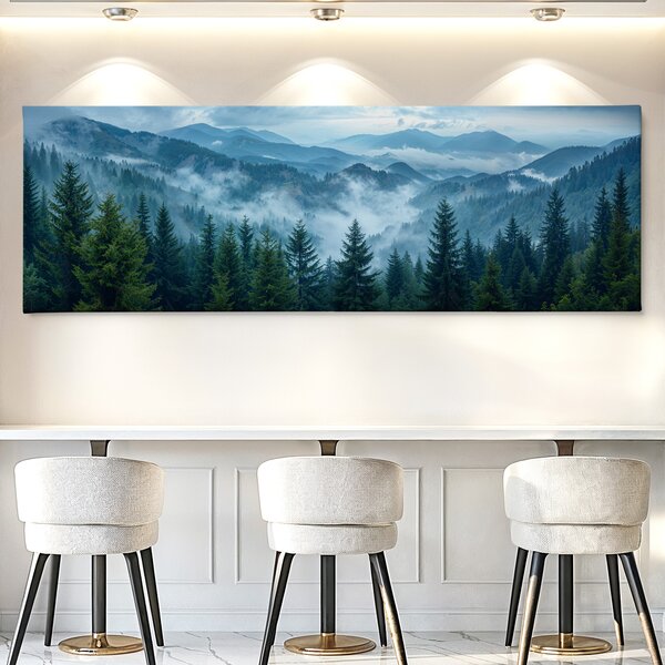 Obraz na plátně - Mlhavé hory za lesem FeelHappy.cz Velikost obrazu (šířka x výška): 60 x 20 cm