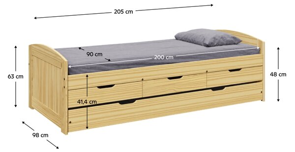 KONDELA Postel s výsuvnou přistýlkou, přírodní, masiv, 90x200, MARINELLA NEW