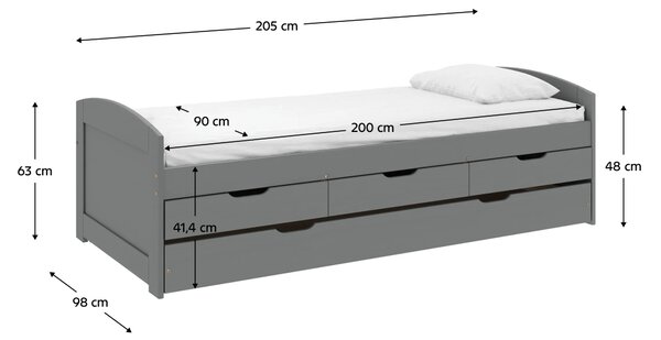 KONDELA Postel s výsuvnou přistýlkou, šedá, masiv, 90x200, MARINELLA NEW