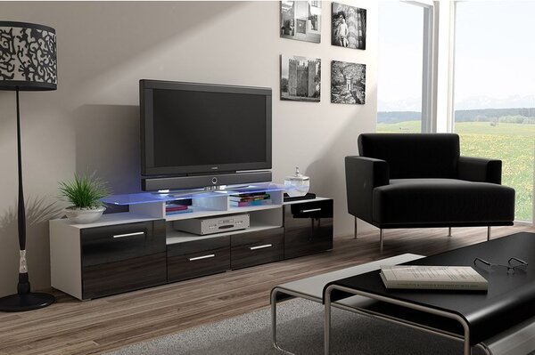 TV skříňka Cassandra, Osvětlení: osvětlení LED - bílé, Barva: černý / černý lesk 5902928105346