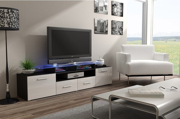 TV skříňka Cassandra, Osvětlení: osvětlení LED - bílé, Barva: černý / černý lesk 5902928105346