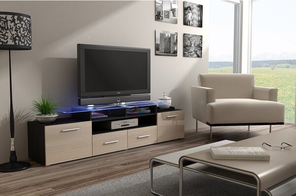 TV skříňka Cassandra, Osvětlení: osvětlení LED - bílé, Barva: černý / černý lesk 5902928105346