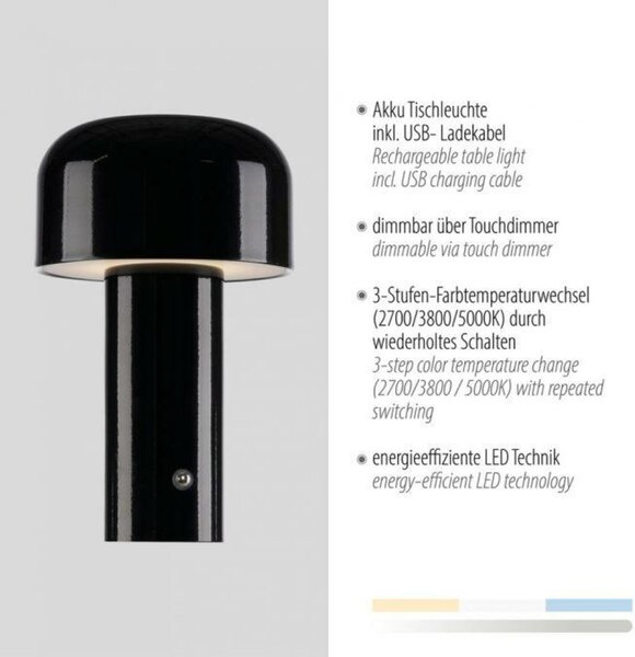 JUST LIGHT LED bateriové stolní svítidlo černé tvar houby stmívatelné dotykem USB 2700-5000K LD 19190-18