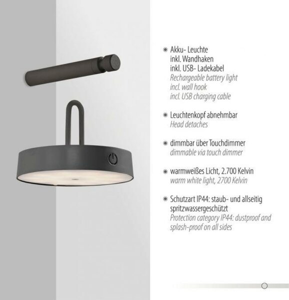 JUST LIGHT LED nástěnné svítidlo na baterie černé stmívatelné dotykem IP44 paměťová funkce 2700K LD 19312-18