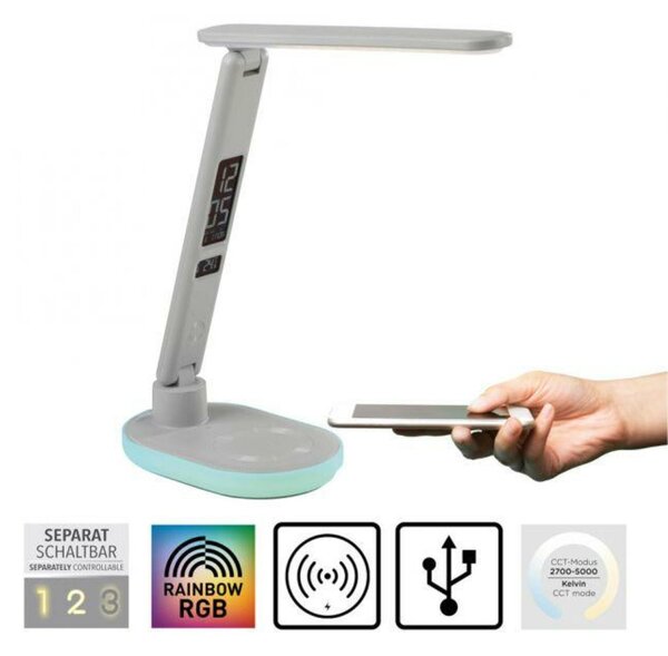 JUST LIGHT LED stolní lampa bílá dotykový stmívač nabíjení telefonu bezdrátově i USB 3000-5000K LD 11018-16