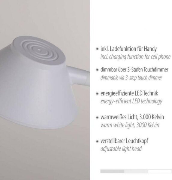 JUST LIGHT LED stolní lampa bílá bezdrátové nabíjení telefonu dotykový stmívač flexibilní otočné 3000K LD 14414-16