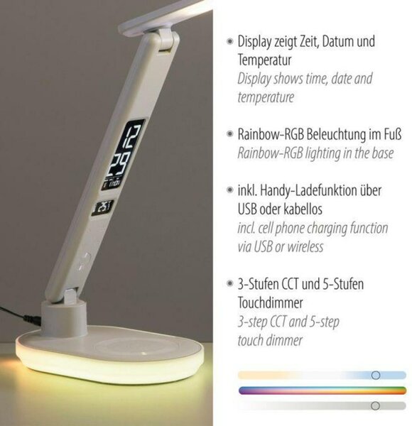 JUST LIGHT LED stolní lampa bílá dotykový stmívač nabíjení telefonu bezdrátově i USB 3000-5000K LD 11018-16