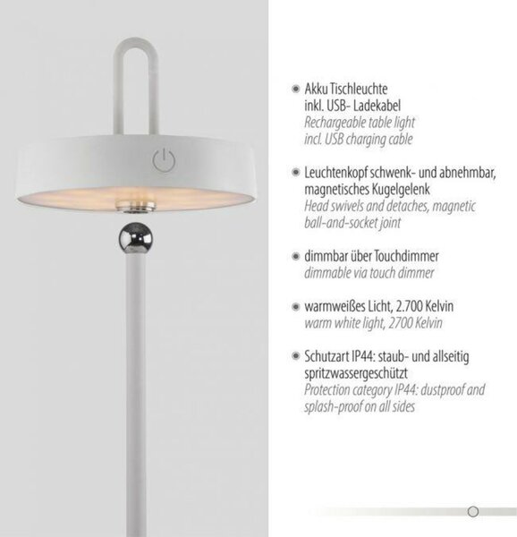 JUST LIGHT LED stolní lampa bílá na baterie dotykový stmívač ochrana proti stříkající vodě USB 2700K LD 19310-16