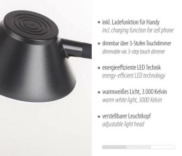 JUST LIGHT LED stolní lampa černá bezdrátové nabíjení telefonu dotykový stmívač nastavitelné 3000K LD 14414-18
