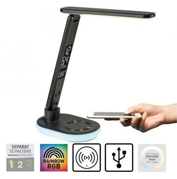 JUST LIGHT LED stolní lampa černá dotykový stmívač nabíjení telefonu bezdrátově i USB 3000-5000K LD 11018-18