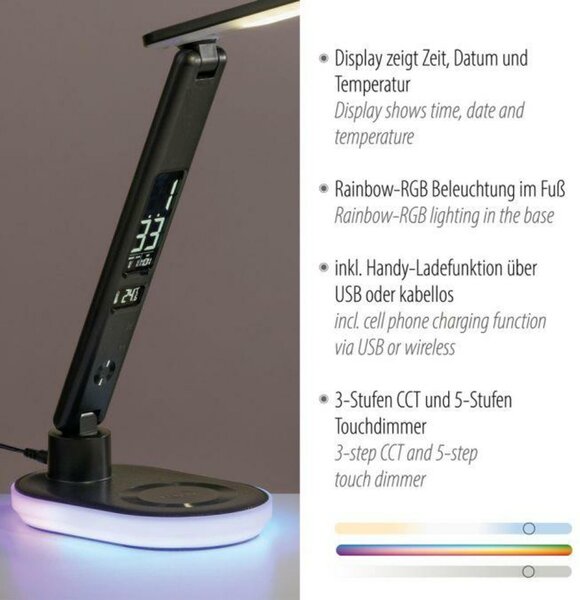 JUST LIGHT LED stolní lampa černá dotykový stmívač nabíjení telefonu bezdrátově i USB 3000-5000K LD 11018-18