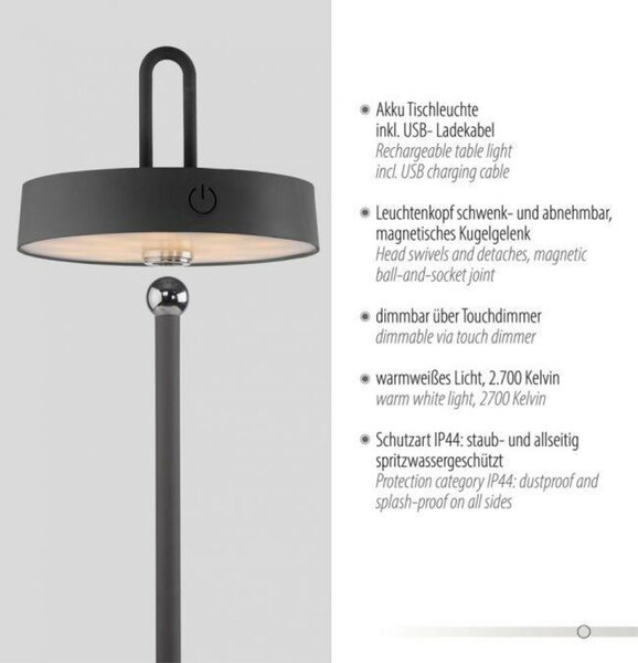 JUST LIGHT LED stolní lampa černá na baterie dotykový stmívač ochrana proti stříkající vodě USB 2700K LD 19310-18