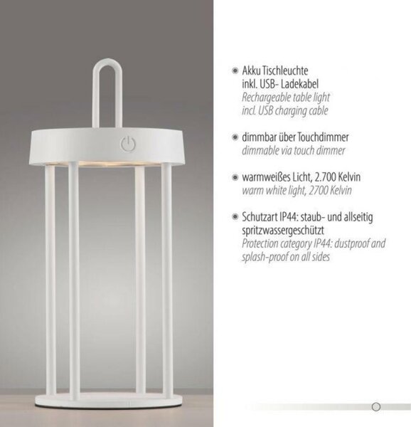JUST LIGHT LED stolní lampa na baterie bílá 28cm dotykový stmívač IP44 zahradní svítidlo 2700K LD 19300-16