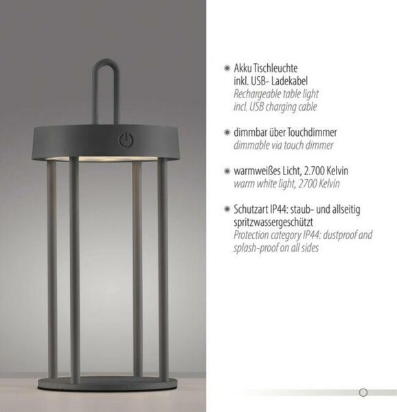 JUST LIGHT LED stolní lampa na baterie černá 28cm dotykový stmívač IP44 zahradní svítidlo 2700K LD 19300-18
