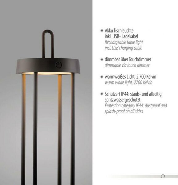 JUST LIGHT LED stolní lampa na baterie černá 50cm dotykový stmívač IP44 zahradní svítidlo 2700K LD 19301-18