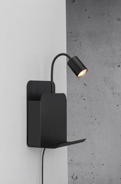Nordlux - Nástěnné svítidlo s poličkou a USB ROOMI 1xGU10/8W/230V černá