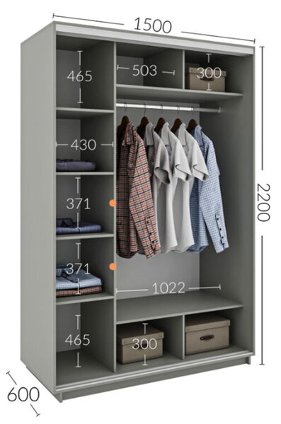 Skříň s posuvnými dveřmi 1500x2200x600 1LTD 1 Zrcadlo grafit šedý, profil stříbrný