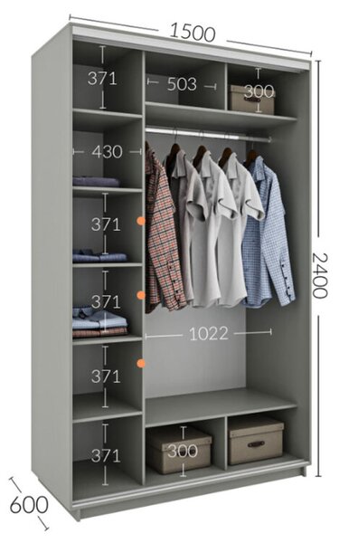 Skříň s posuvnými dveřmi 1500x2400x600 1LTD 1 Zrcadlo grafit šedý, profil stříbrný