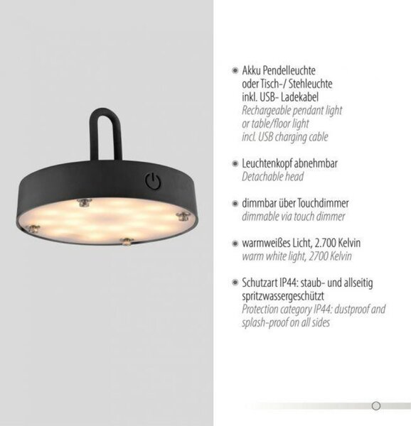JUST LIGHT LED stolní lampa průměr 25cm černá na baterie USB IP44 stmívatelné dotykem 2700K LD 19303-18