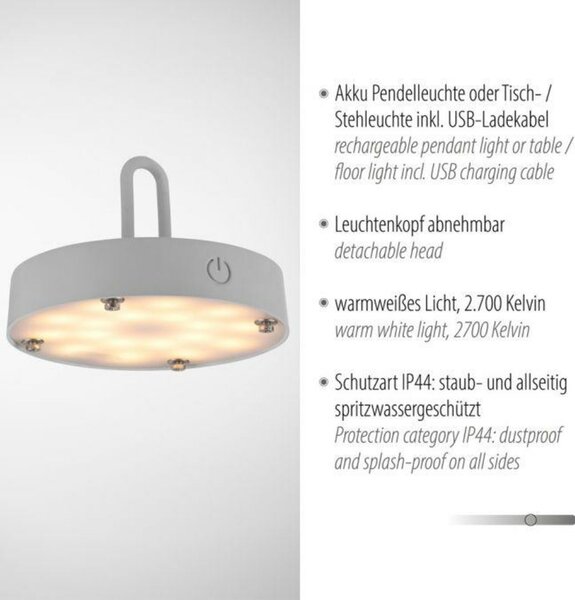JUST LIGHT LED stolní lampa průměr 25cm moblní na baterie USB IP44 stmívatelné dotykem 2700K LD 19303-40