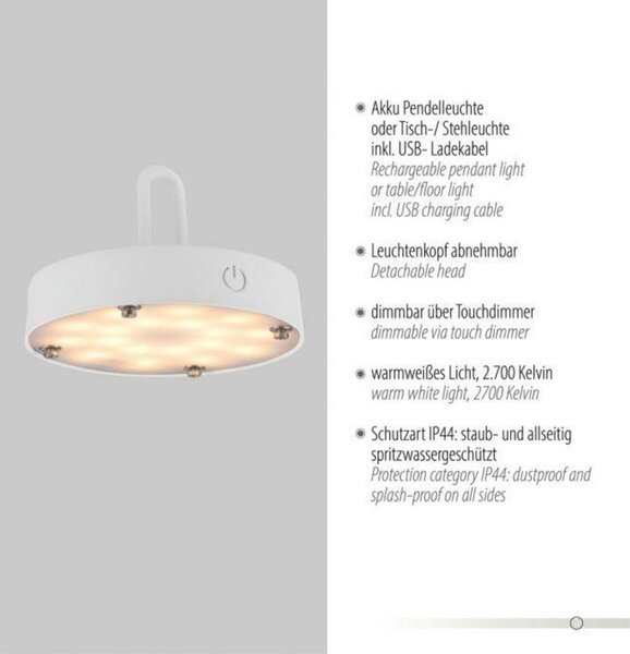 JUST LIGHT LED stolní lampa průměr 36cm bílá na baterie USB IP44 stmívatelné dotykem 2700K LD 19304-16