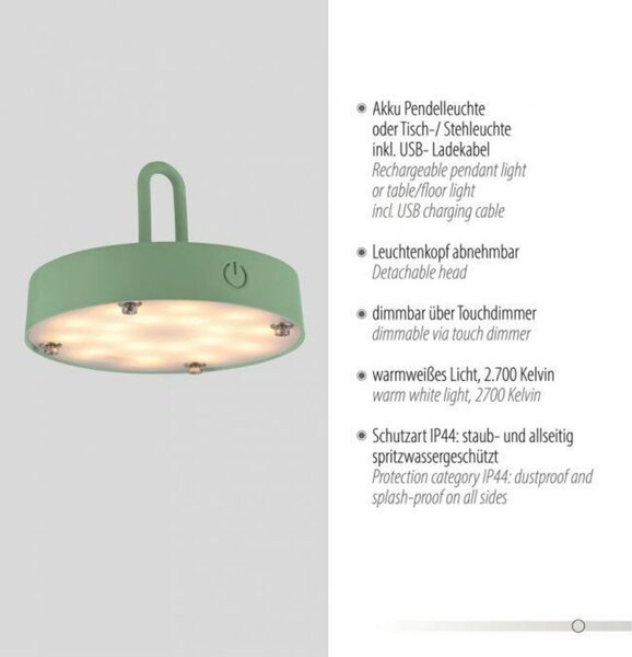 JUST LIGHT LED stolní lampa průměr 46cm zelená na baterie USB IP44 stmívatelné dotykem 2700K LD 19305-43
