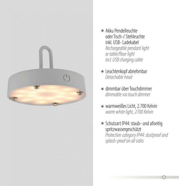 JUST LIGHT LED stolní lampa průměr 36cm moblní na baterie USB IP44 stmívatelné dotykem 2700K LD 19304-40