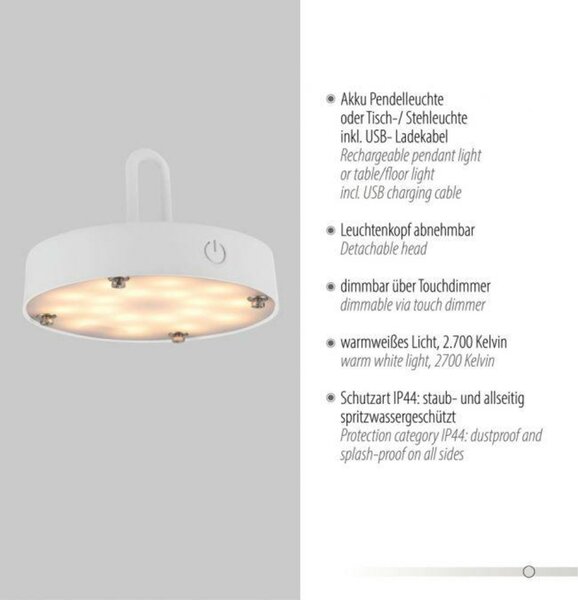 JUST LIGHT LED stolní lampa průměr 46cm bílé na baterie USB IP44 stmívatelné dotykem 2700K LD 19305-16