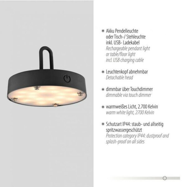 JUST LIGHT LED stolní lampa průměr 46cm černá na baterie USB IP44 stmívatelné dotykem 2700K LD 19305-18