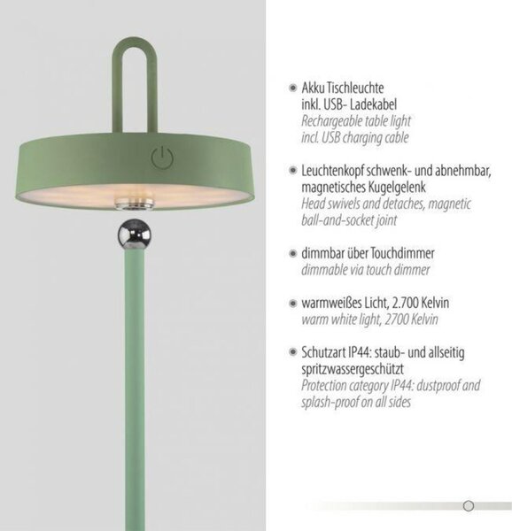JUST LIGHT LED stolní lampa zelená na baterie dotykový stmívač ochrana proti stříkající vodě USB 2700K LD 19310-43