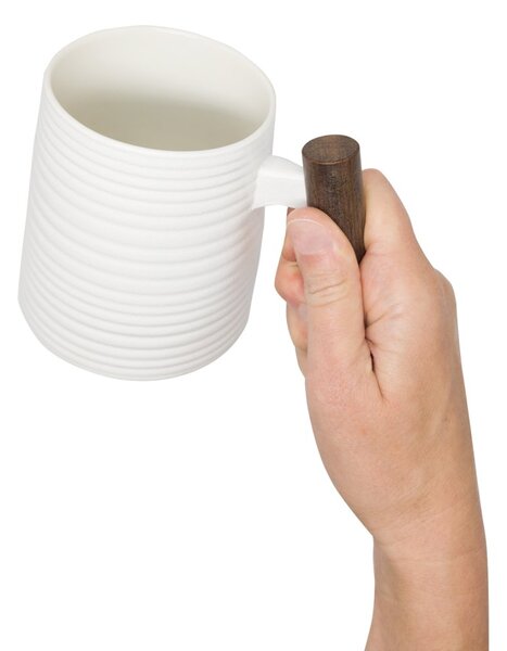 Porcelánový hrnek Tea Logic White Relief, bílý, dřevěná rukojeť, matný, 400 ml