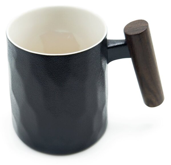 Porcelánový hrnek Tea Logic Black Facette, černý, dřevěná rukojeť, matný, 400 ml