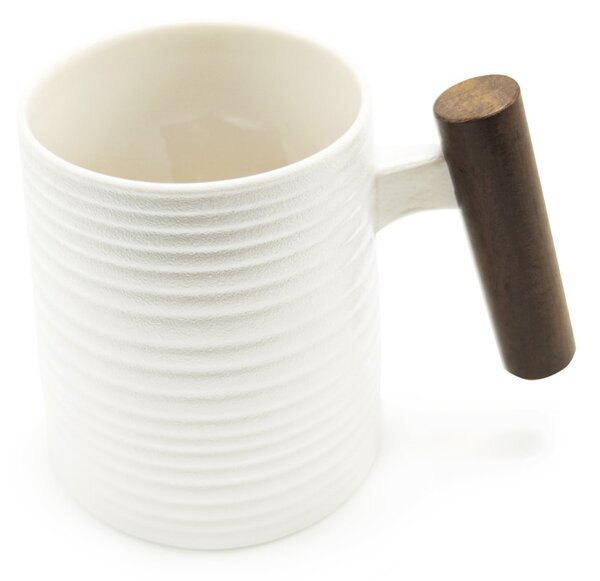 Porcelánový hrnek Tea Logic White Relief, bílý, dřevěná rukojeť, matný, 400 ml