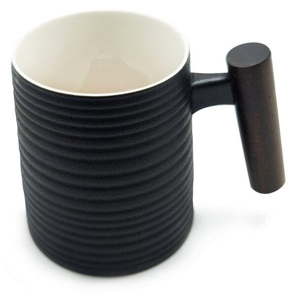 Porcelánový hrnek Tea Logic Black Relief, černý, dřevěná rukojeť, matný, 400 ml