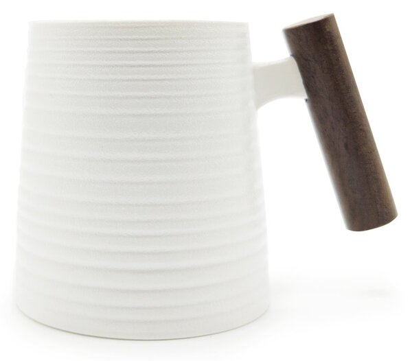Porcelánový hrnek Tea Logic White Relief, bílý, dřevěná rukojeť, matný, 400 ml